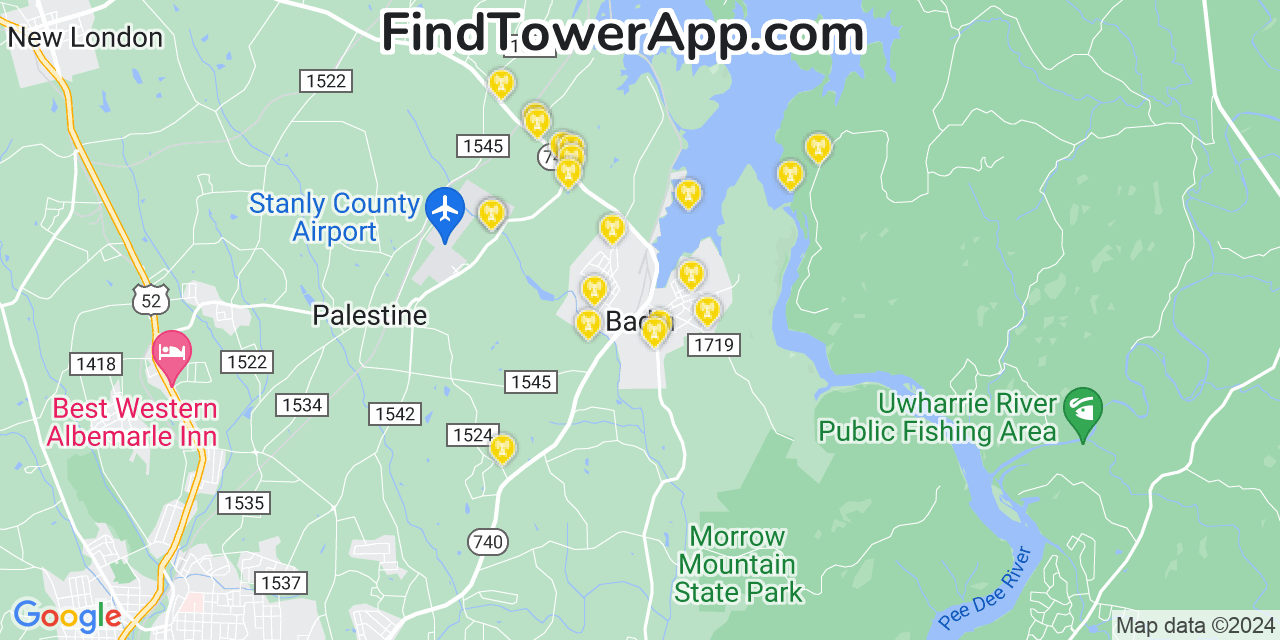 AT&T 4G/5G cell tower coverage map Badin, North Carolina