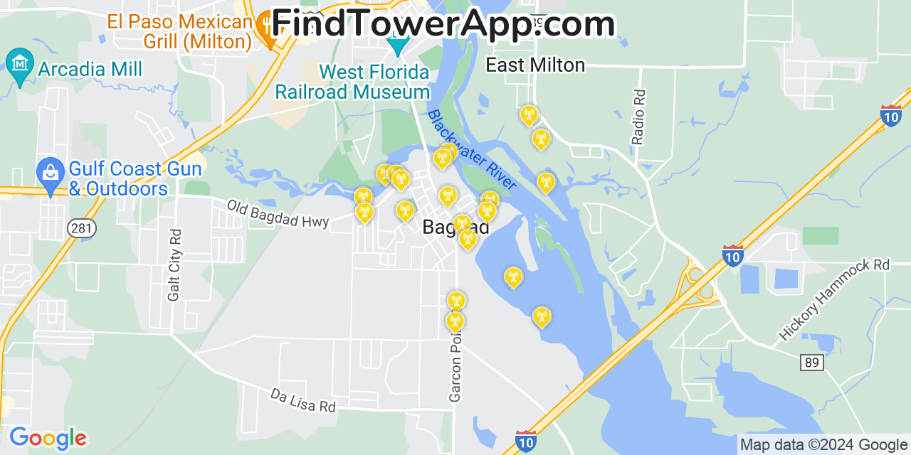 AT&T 4G/5G cell tower coverage map Bagdad, Florida