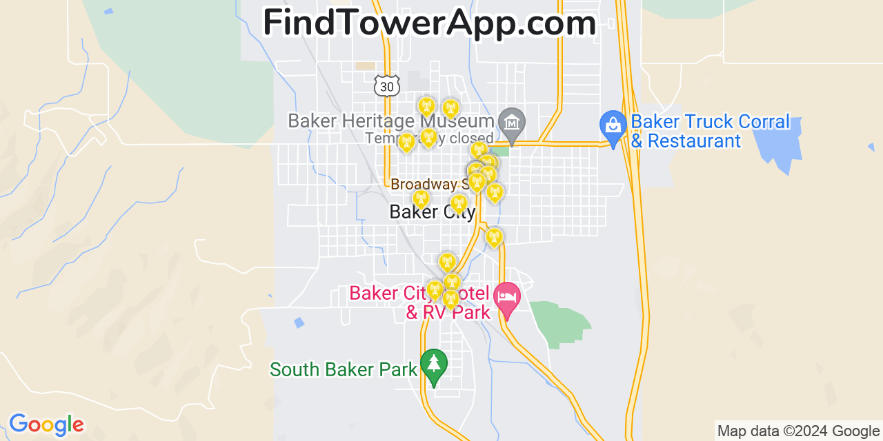 AT&T 4G/5G cell tower coverage map Baker City, Oregon