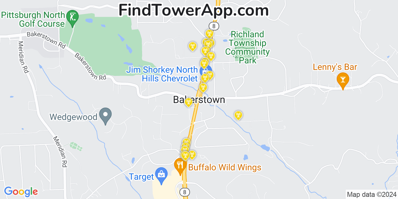 AT&T 4G/5G cell tower coverage map Bakerstown, Pennsylvania
