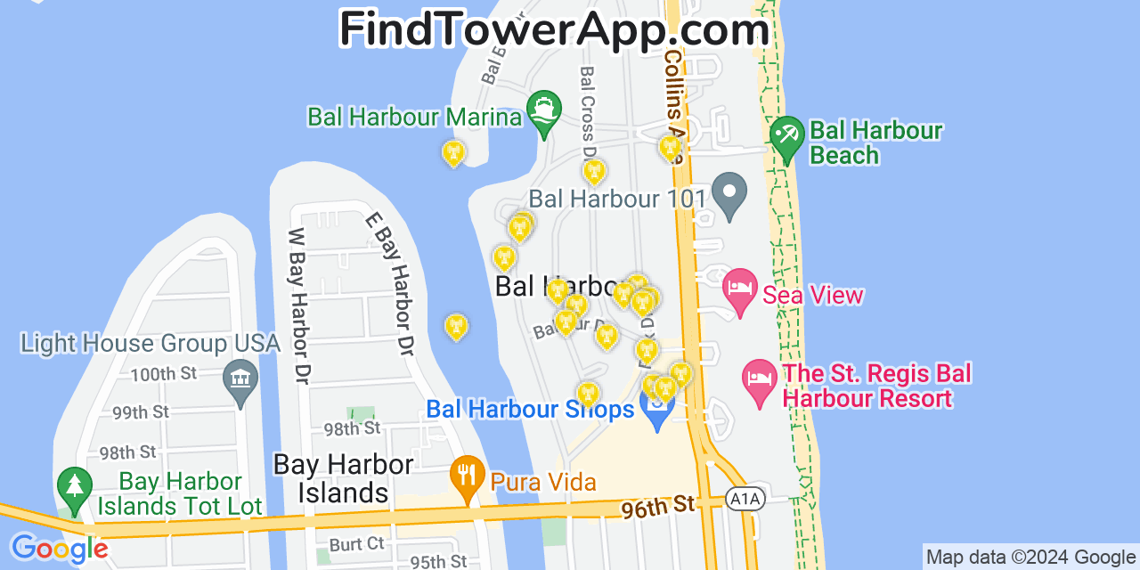 AT&T 4G/5G cell tower coverage map Bal Harbour, Florida