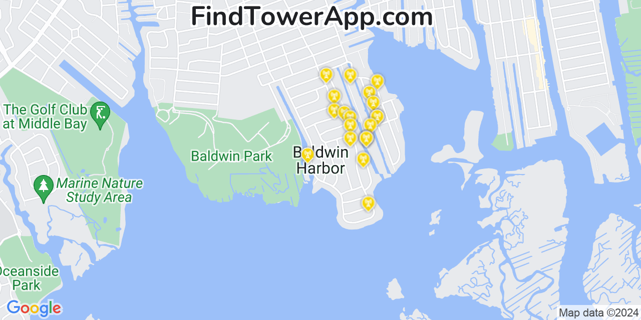 AT&T 4G/5G cell tower coverage map Baldwin Harbor, New York