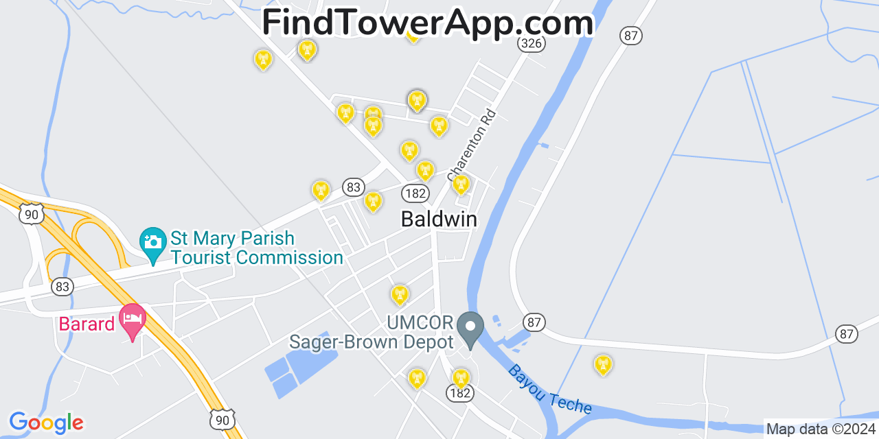 AT&T 4G/5G cell tower coverage map Baldwin, Louisiana