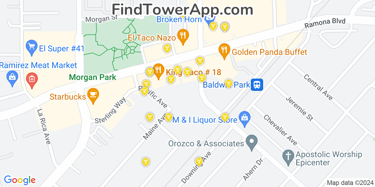 AT&T 4G/5G cell tower coverage map Baldwin Park, California