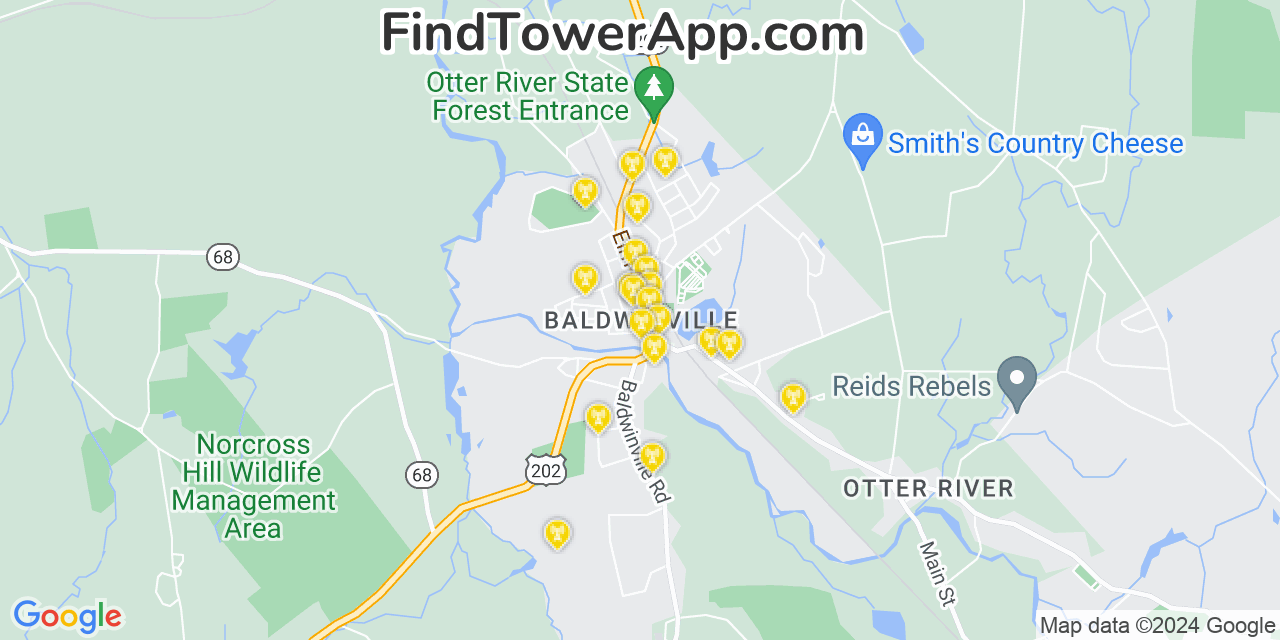AT&T 4G/5G cell tower coverage map Baldwinville, Massachusetts