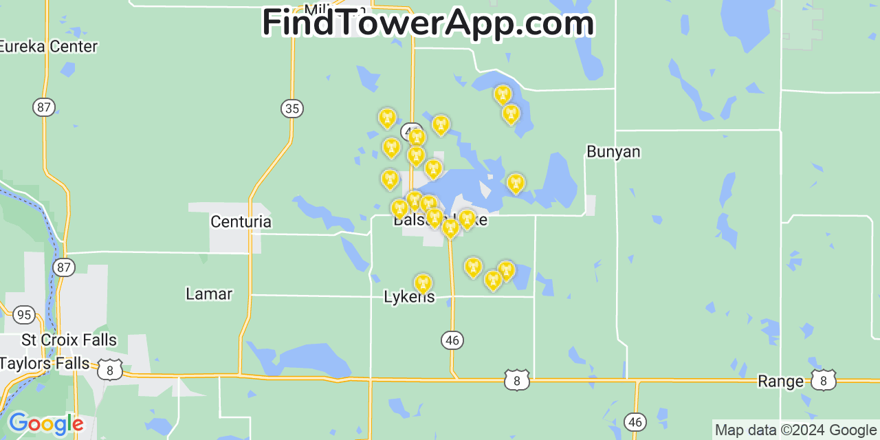 AT&T 4G/5G cell tower coverage map Balsam Lake, Wisconsin