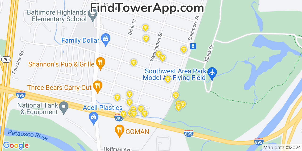 AT&T 4G/5G cell tower coverage map Baltimore Highlands, Maryland