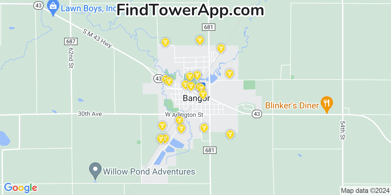 AT&T 4G/5G cell tower coverage map Bangor, Michigan