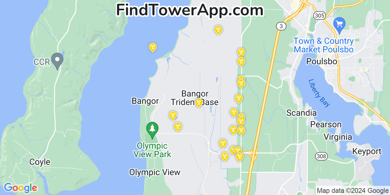 AT&T 4G/5G cell tower coverage map Bangor Trident Base, Washington