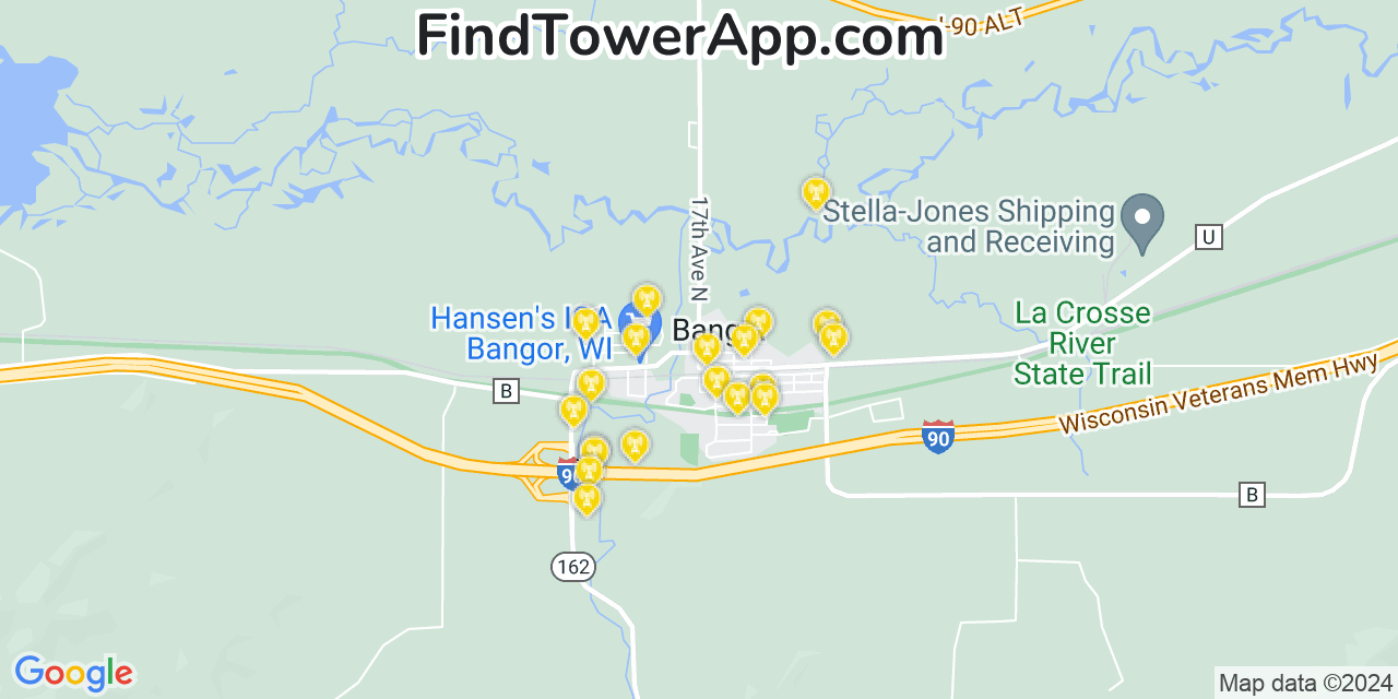 AT&T 4G/5G cell tower coverage map Bangor, Wisconsin