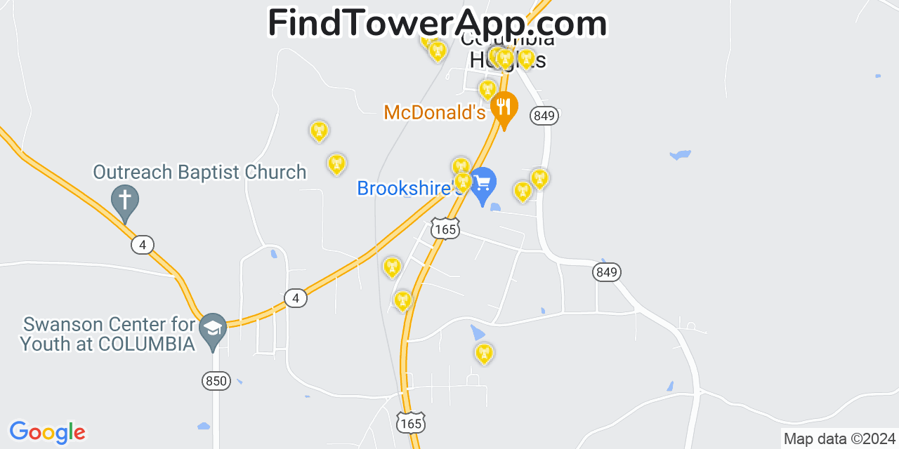 AT&T 4G/5G cell tower coverage map Banks Springs, Louisiana