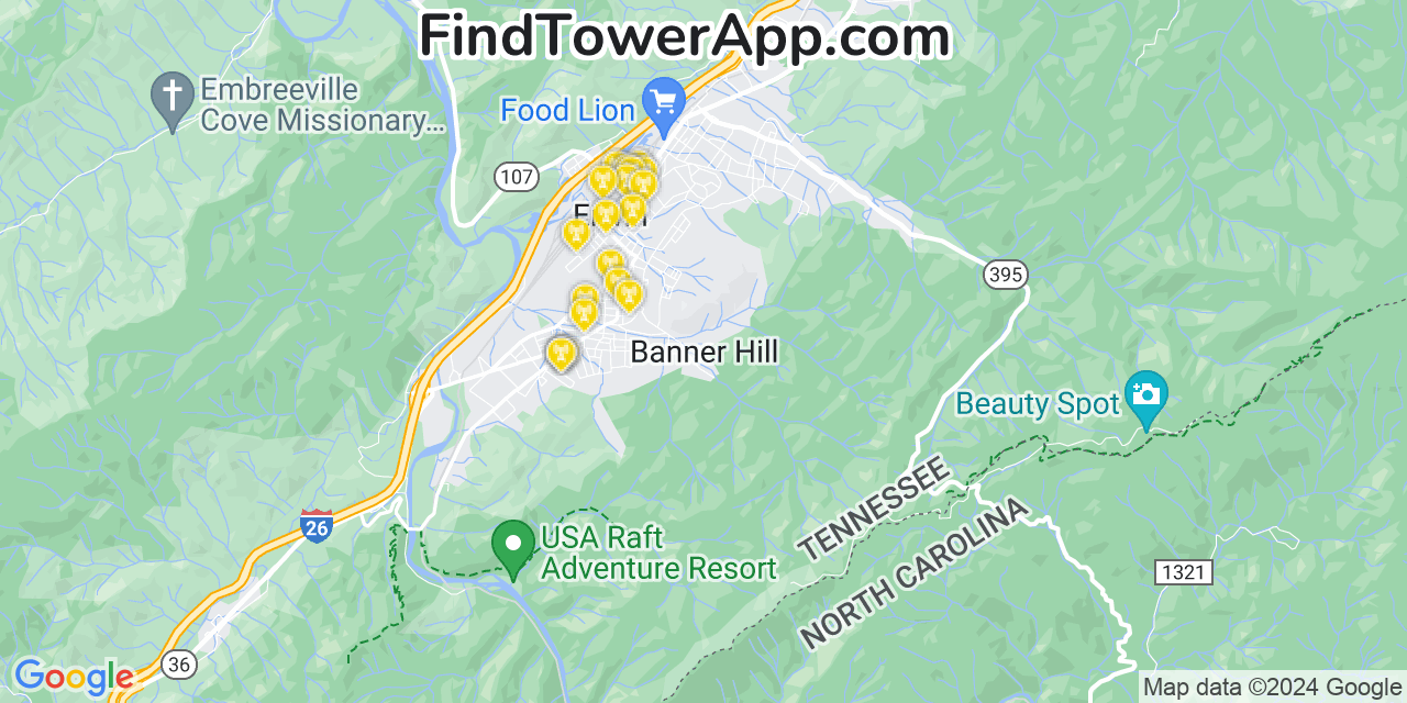 AT&T 4G/5G cell tower coverage map Banner Hill, Tennessee