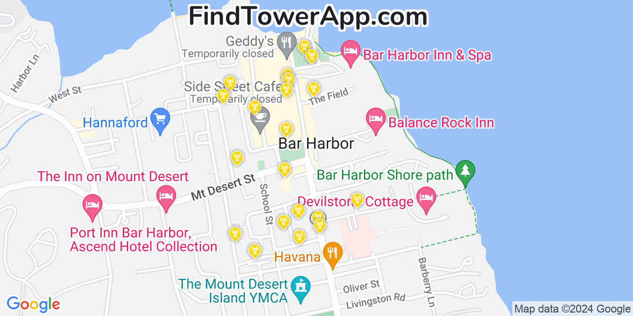 AT&T 4G/5G cell tower coverage map Bar Harbor, Maine