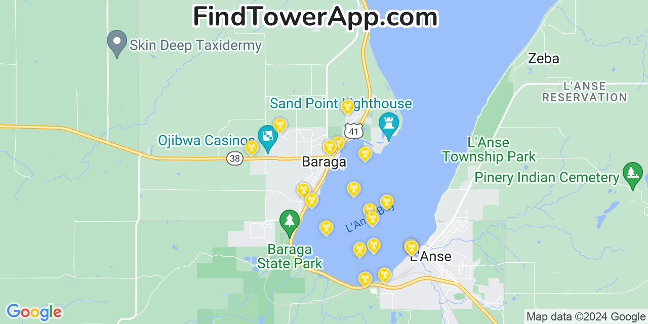 AT&T 4G/5G cell tower coverage map Baraga, Michigan