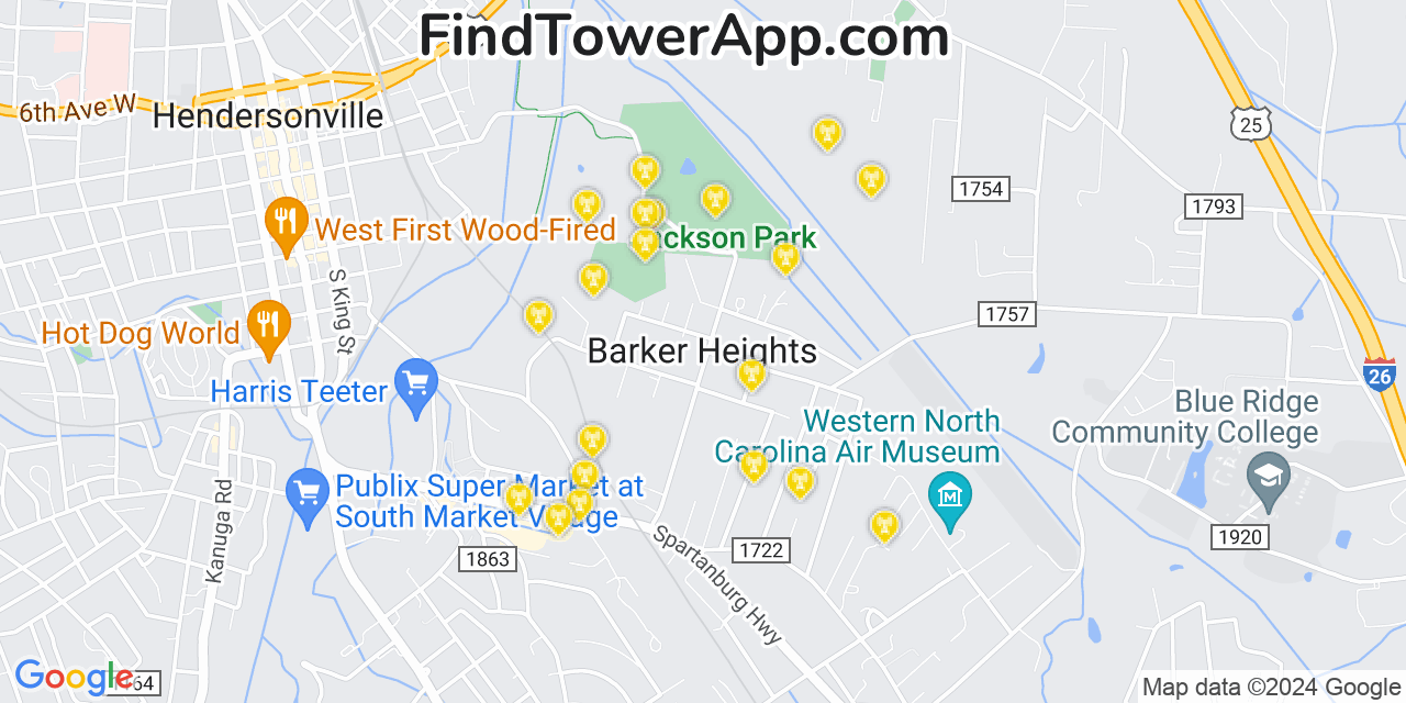 AT&T 4G/5G cell tower coverage map Barker Heights, North Carolina