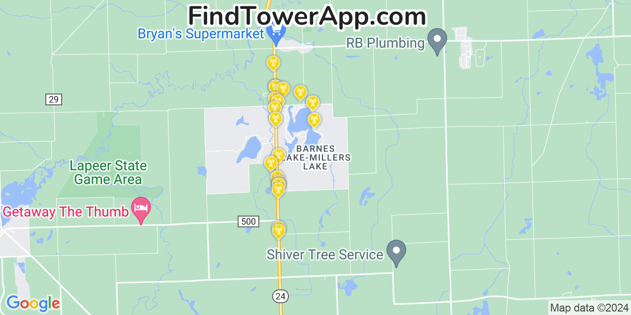 Verizon 4G/5G cell tower coverage map Barnes Lake Millers Lake, Michigan