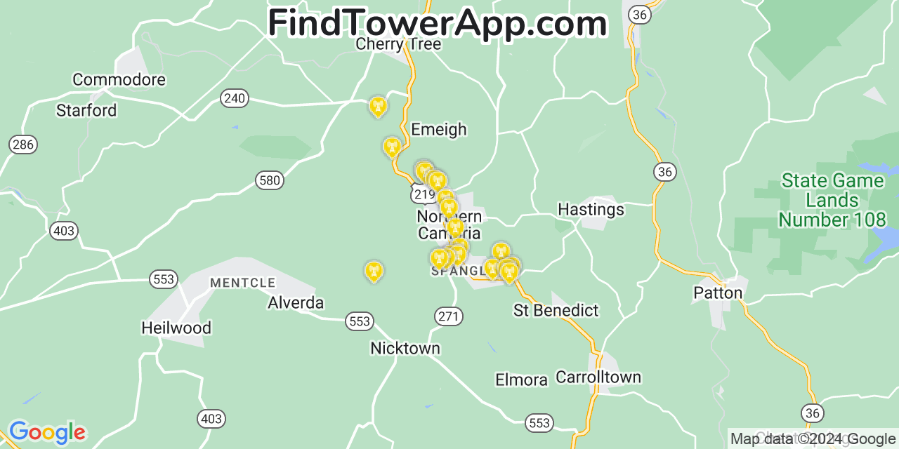 AT&T 4G/5G cell tower coverage map Barnesboro, Pennsylvania