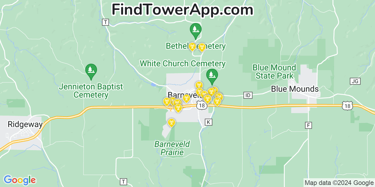 AT&T 4G/5G cell tower coverage map Barneveld, Wisconsin