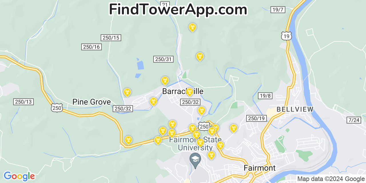 AT&T 4G/5G cell tower coverage map Barrackville, West Virginia