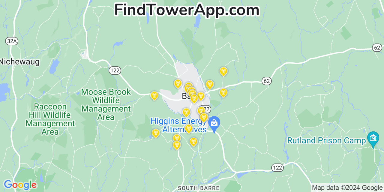AT&T 4G/5G cell tower coverage map Barre, Massachusetts