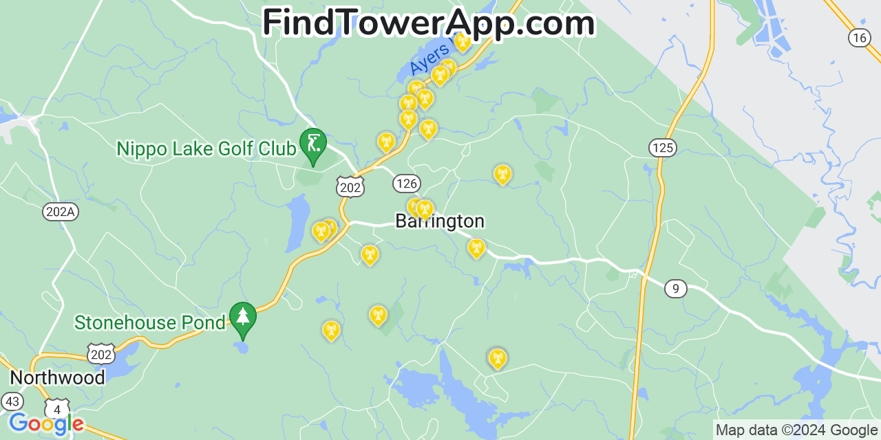 AT&T 4G/5G cell tower coverage map Barrington, New Hampshire