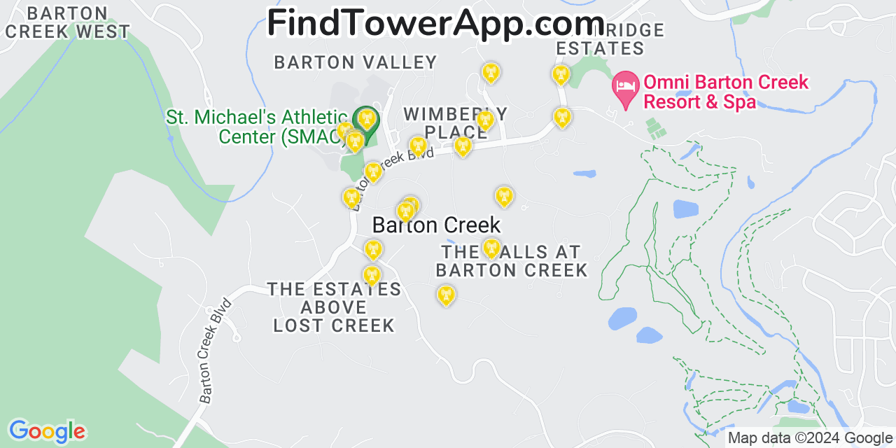AT&T 4G/5G cell tower coverage map Barton Creek, Texas