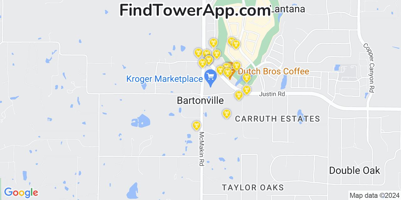 AT&T 4G/5G cell tower coverage map Bartonville, Texas