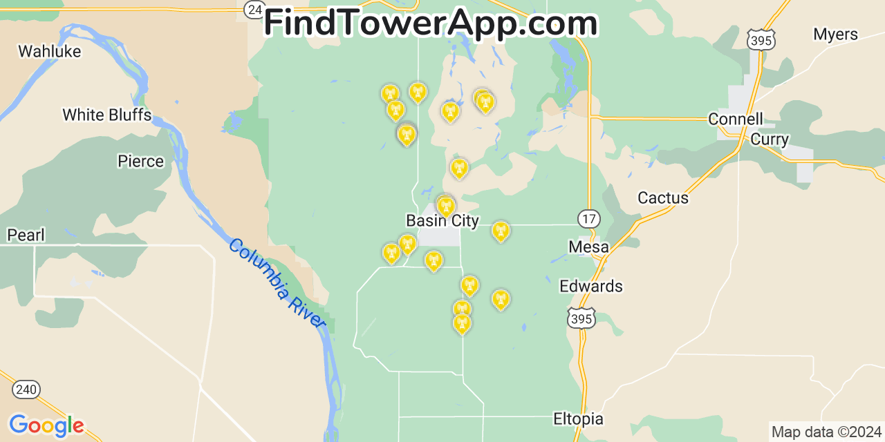 Verizon 4G/5G cell tower coverage map Basin City, Washington