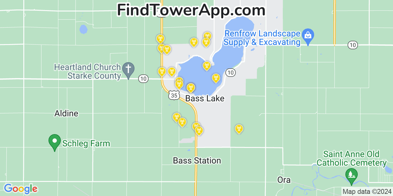 AT&T 4G/5G cell tower coverage map Bass Lake, Indiana