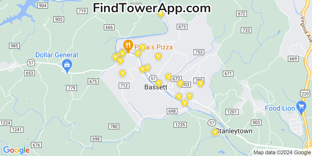 AT&T 4G/5G cell tower coverage map Bassett, Virginia