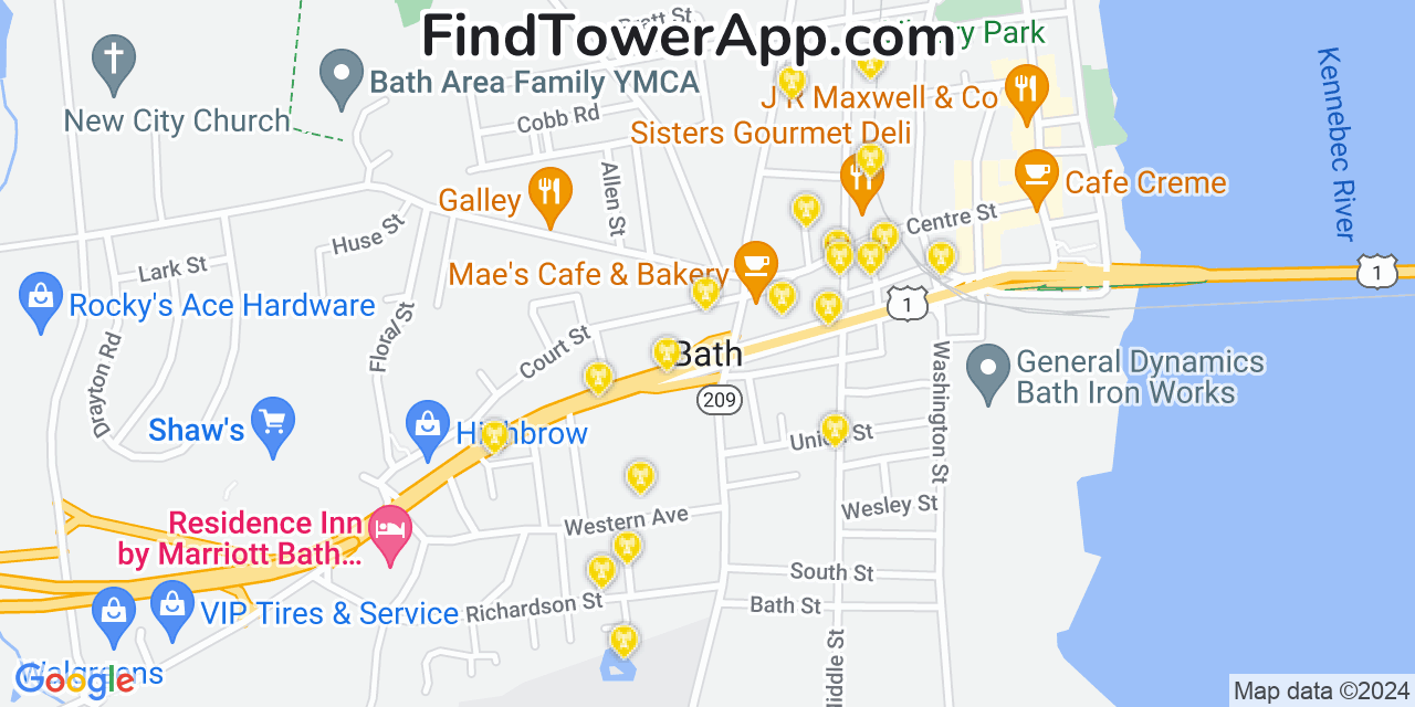 AT&T 4G/5G cell tower coverage map Bath, Maine