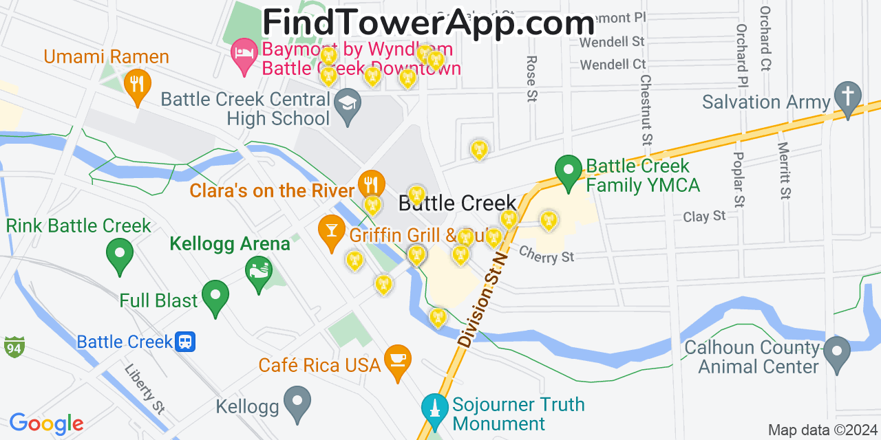 AT&T 4G/5G cell tower coverage map Battle Creek, Michigan