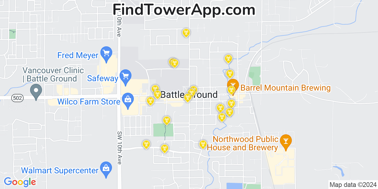 AT&T 4G/5G cell tower coverage map Battle Ground, Washington