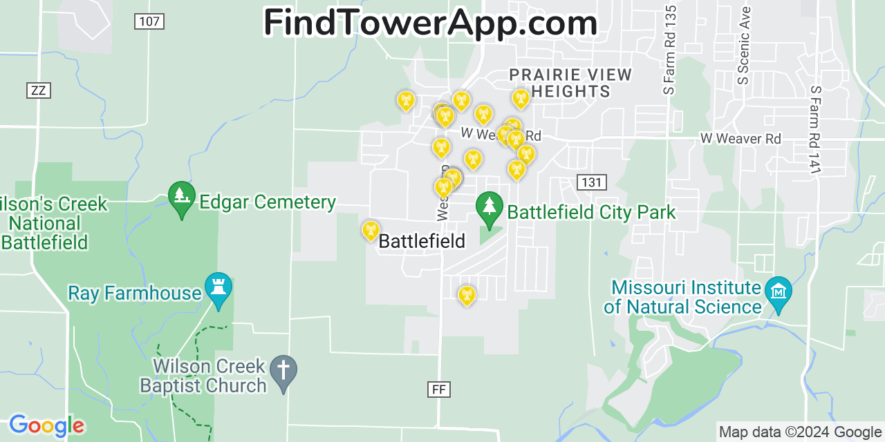Verizon 4G/5G cell tower coverage map Battlefield, Missouri
