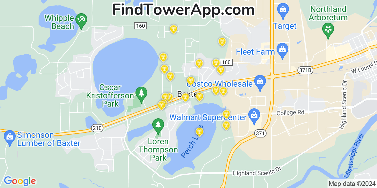 AT&T 4G/5G cell tower coverage map Baxter, Minnesota