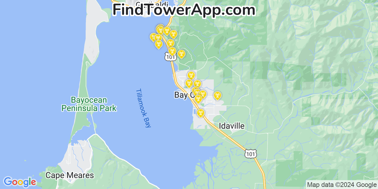 AT&T 4G/5G cell tower coverage map Bay City, Oregon