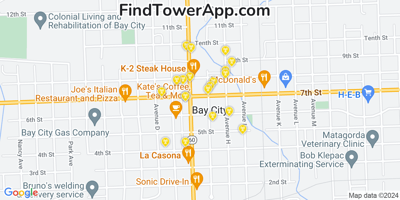 AT&T 4G/5G cell tower coverage map Bay City, Texas