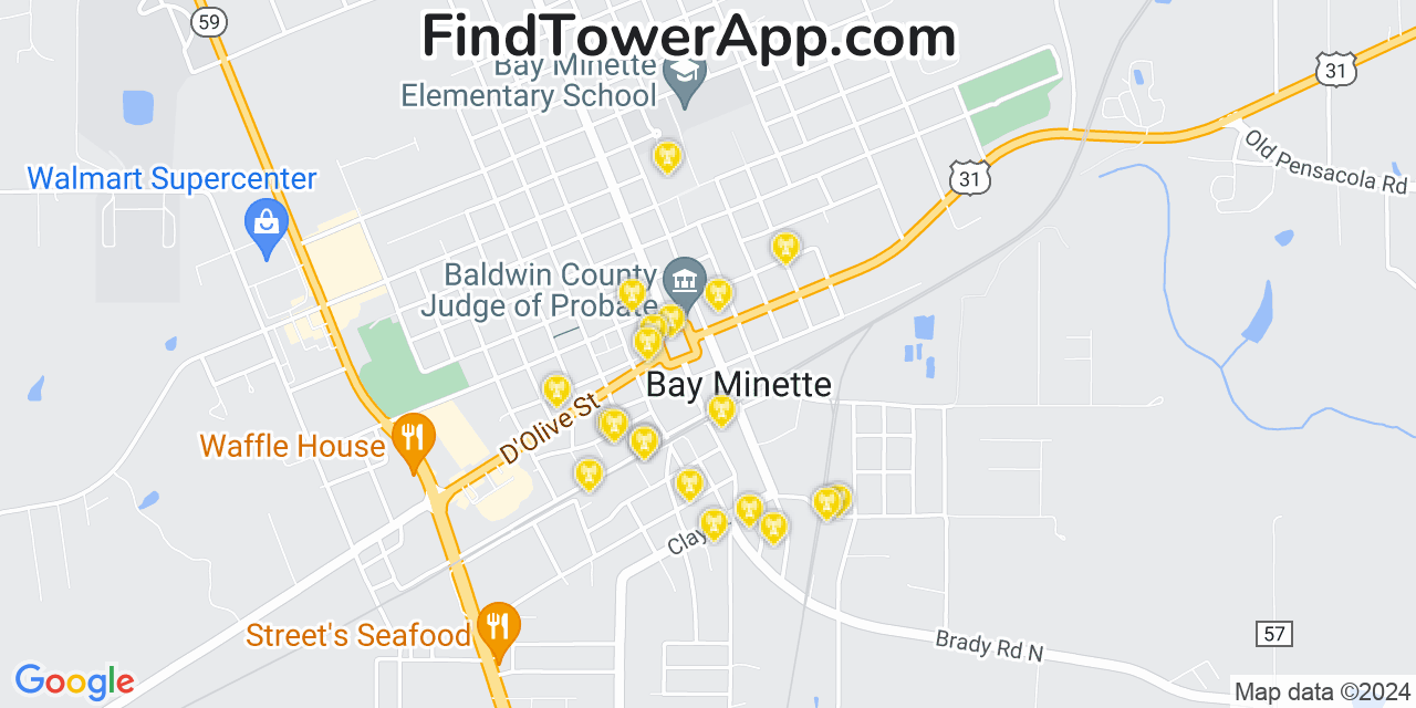 AT&T 4G/5G cell tower coverage map Bay Minette, Alabama