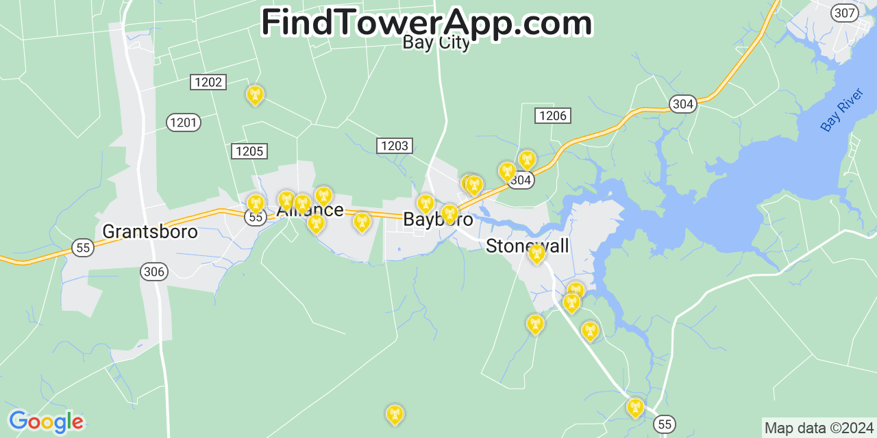 AT&T 4G/5G cell tower coverage map Bayboro, North Carolina