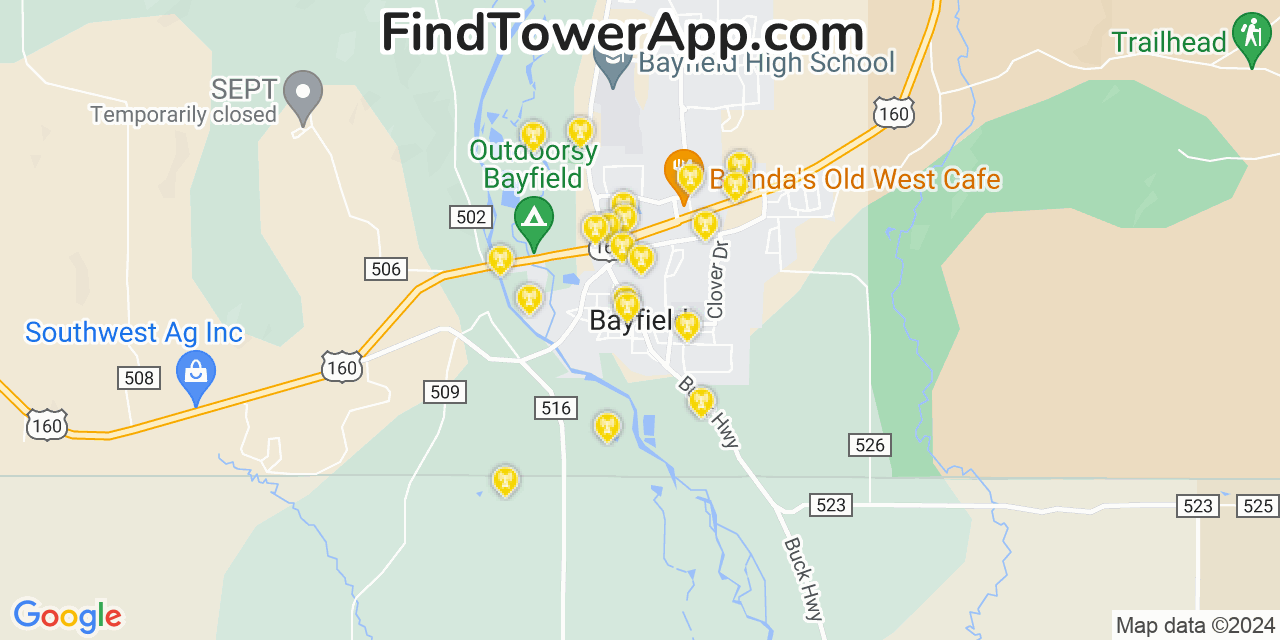 AT&T 4G/5G cell tower coverage map Bayfield, Colorado