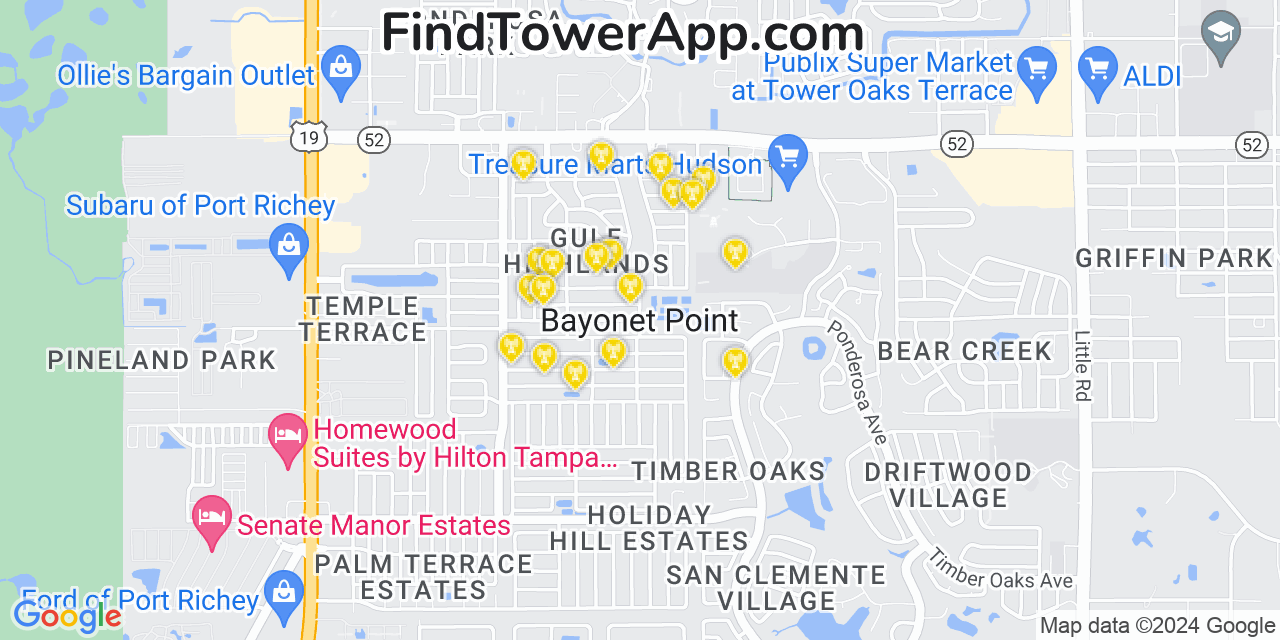 AT&T 4G/5G cell tower coverage map Bayonet Point, Florida