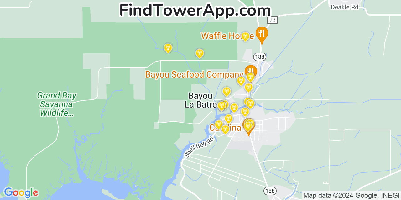 Verizon 4G/5G cell tower coverage map Bayou La Batre, Alabama