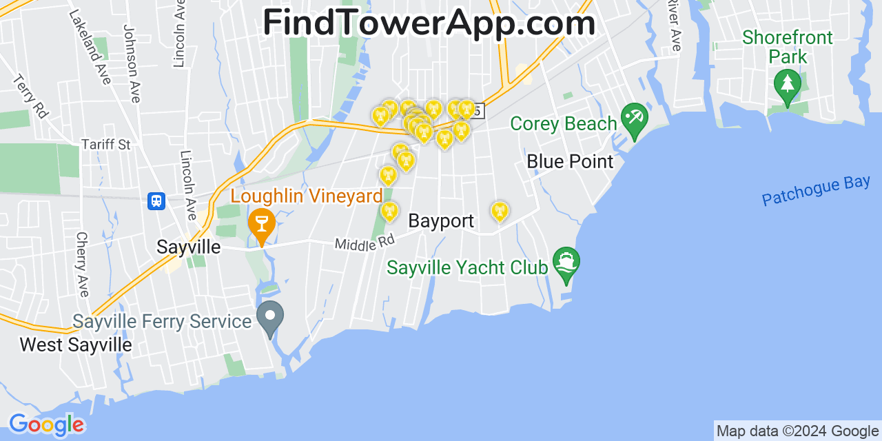 Verizon 4G/5G cell tower coverage map Bayport, New York