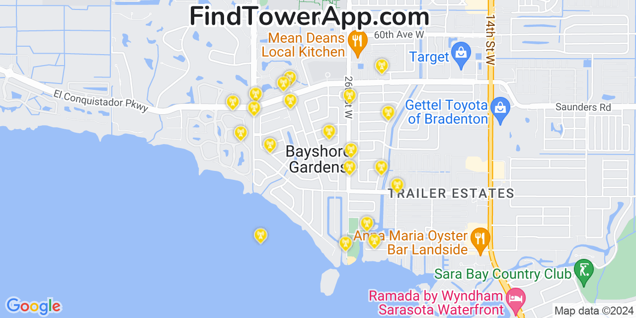 AT&T 4G/5G cell tower coverage map Bayshore Gardens, Florida