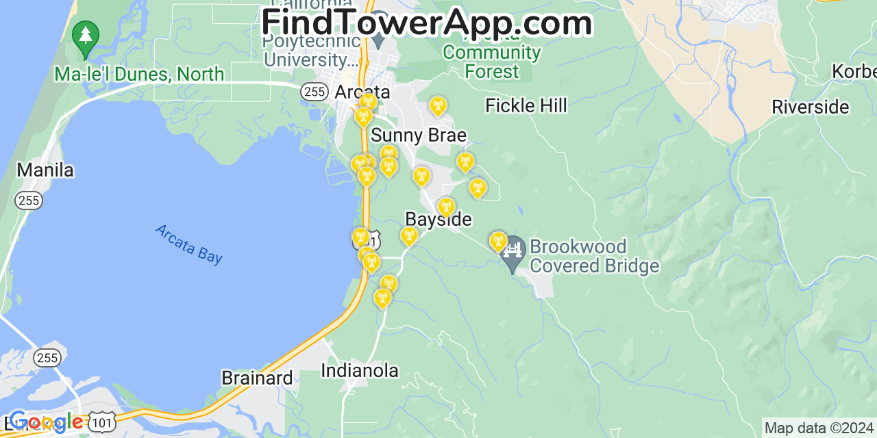 AT&T 4G/5G cell tower coverage map Bayside, California