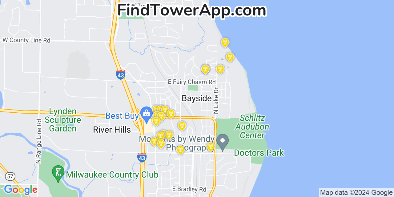 AT&T 4G/5G cell tower coverage map Bayside, Wisconsin