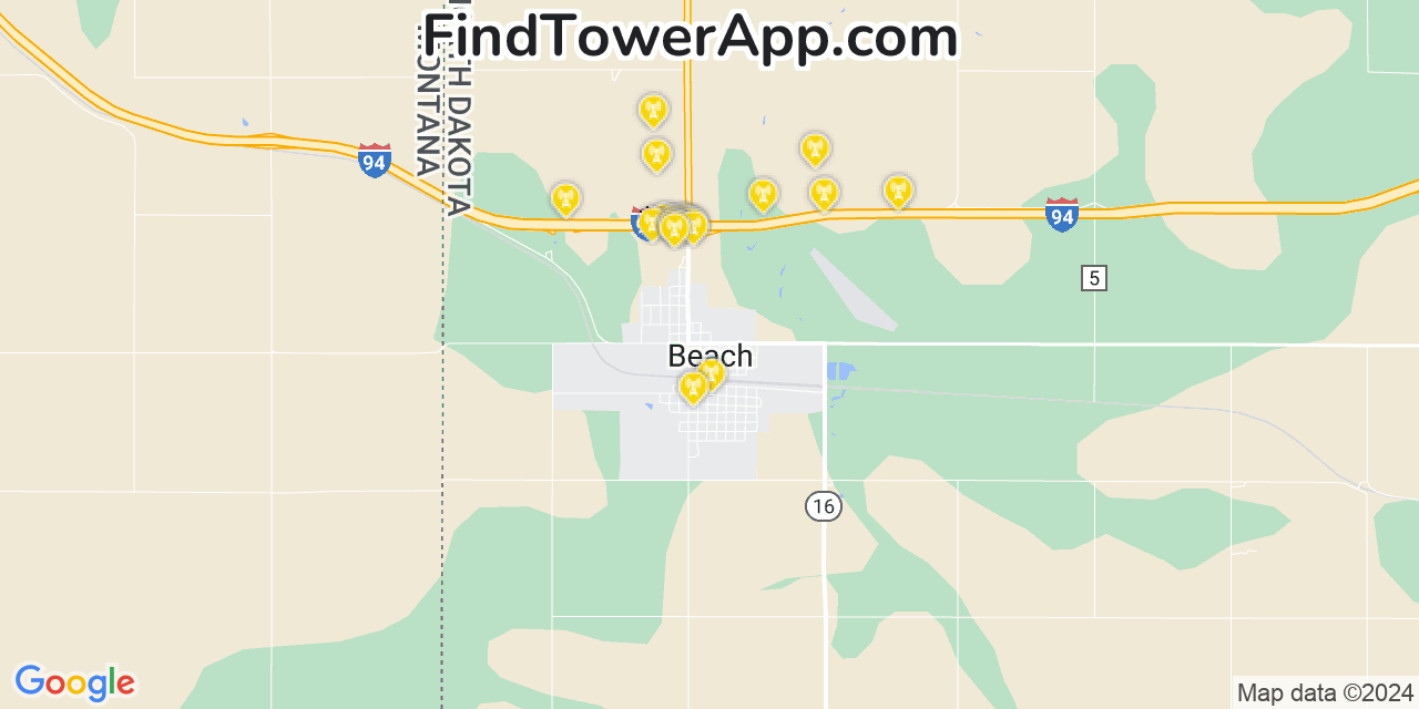 AT&T 4G/5G cell tower coverage map Beach, North Dakota