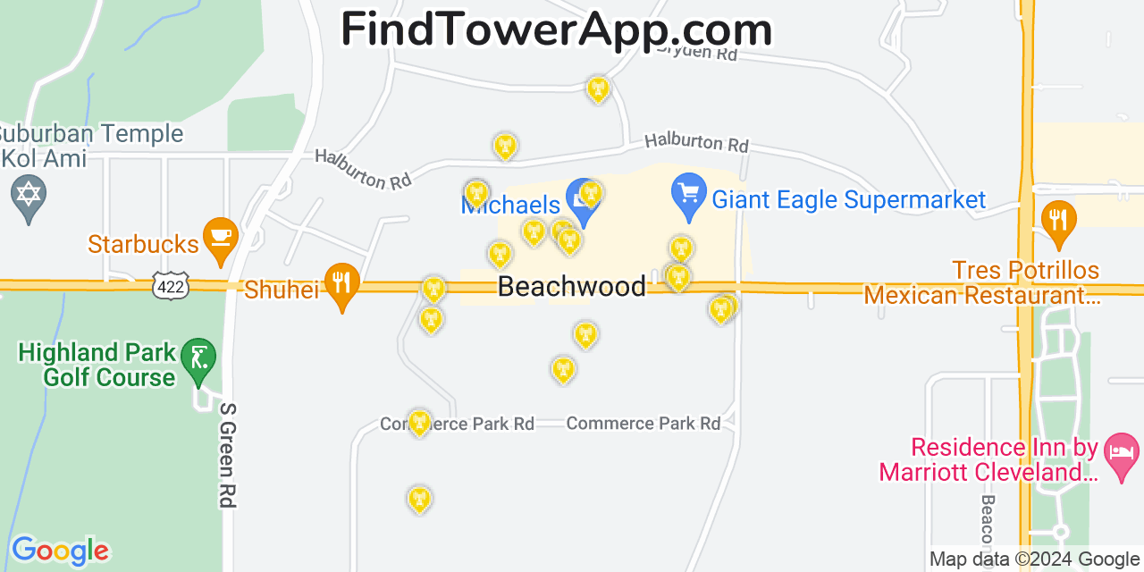 AT&T 4G/5G cell tower coverage map Beachwood, Ohio