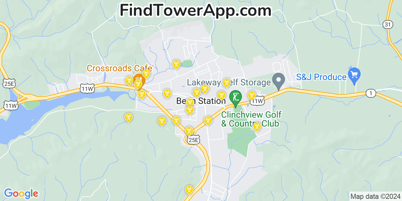 AT&T 4G/5G cell tower coverage map Bean Station, Tennessee