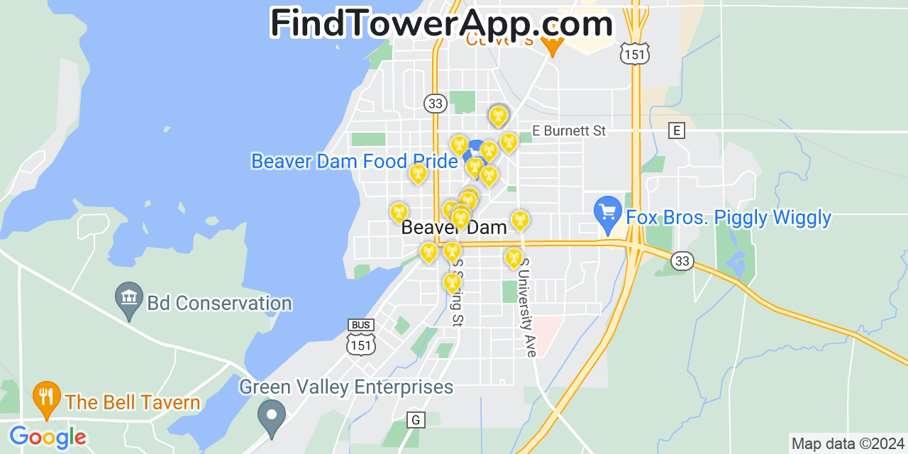 AT&T 4G/5G cell tower coverage map Beaver Dam, Wisconsin